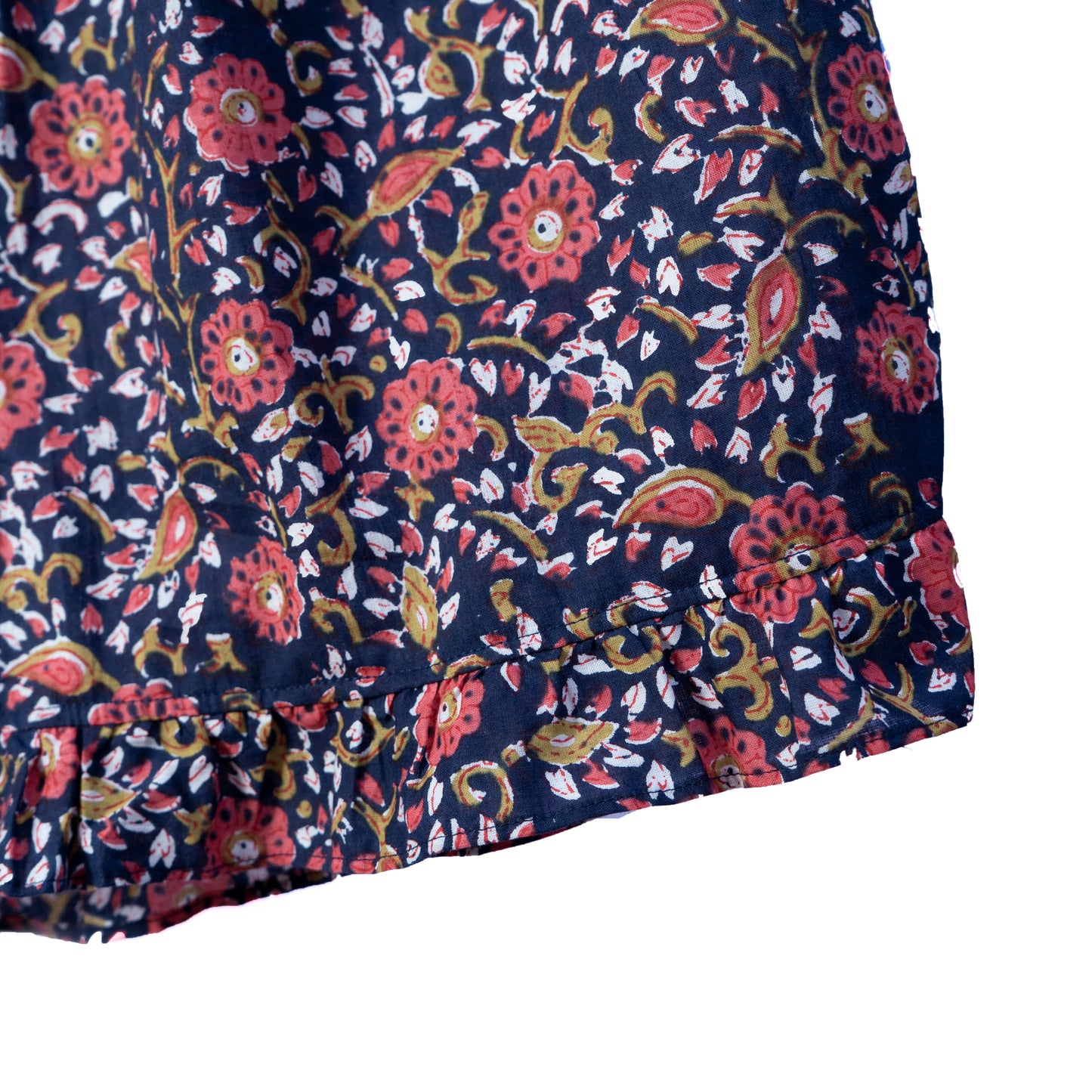 Navy floral hand block printed frilly shorts