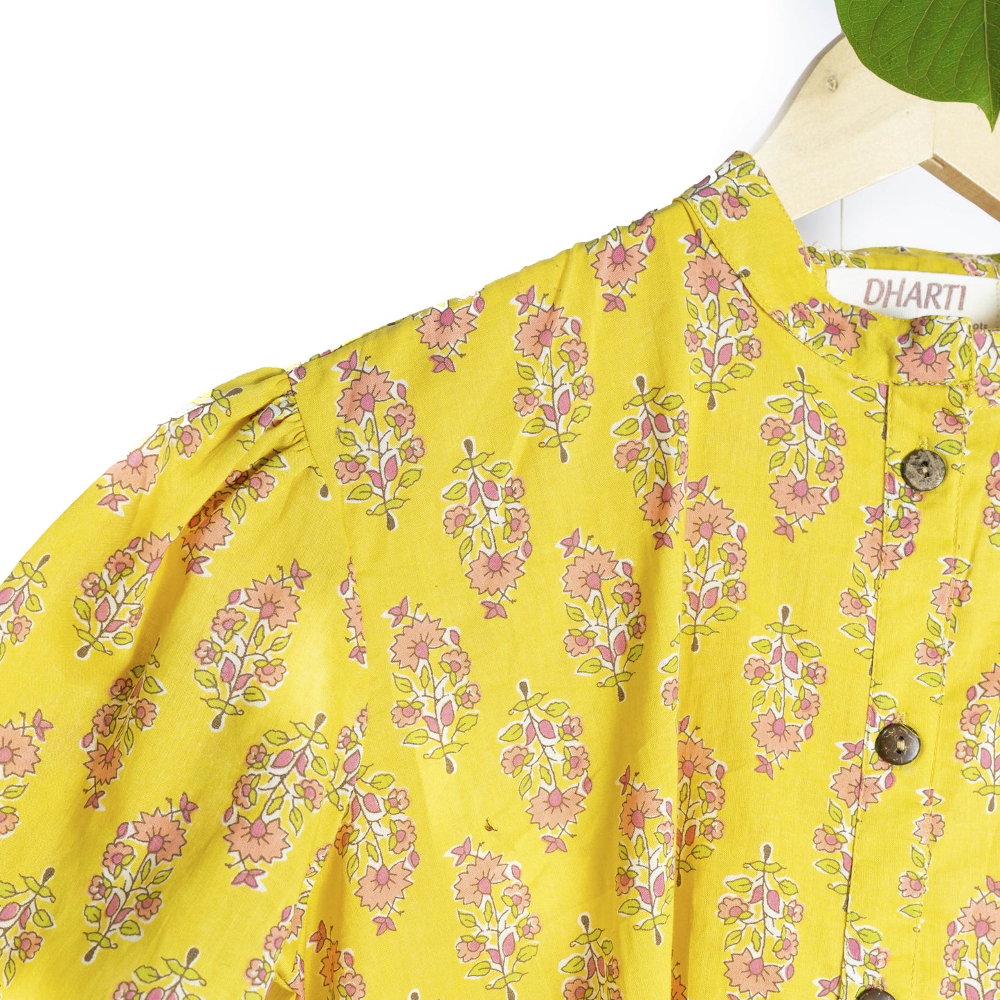 Dharti Yelllow floral dress with grandad collar and puff sleeves