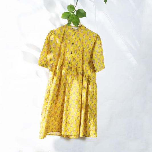 Dharti yellow floral dress with grandad collar and button in the front